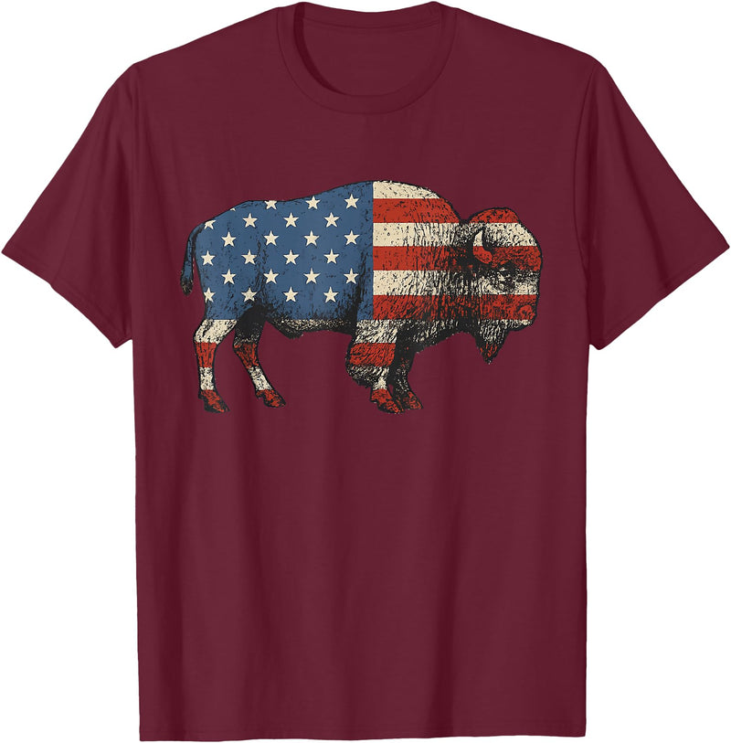Bison American Buffalo Gifts & Apparel Stuff Bison USA American Flag Patriotic United States T-Shirt - Burgundy