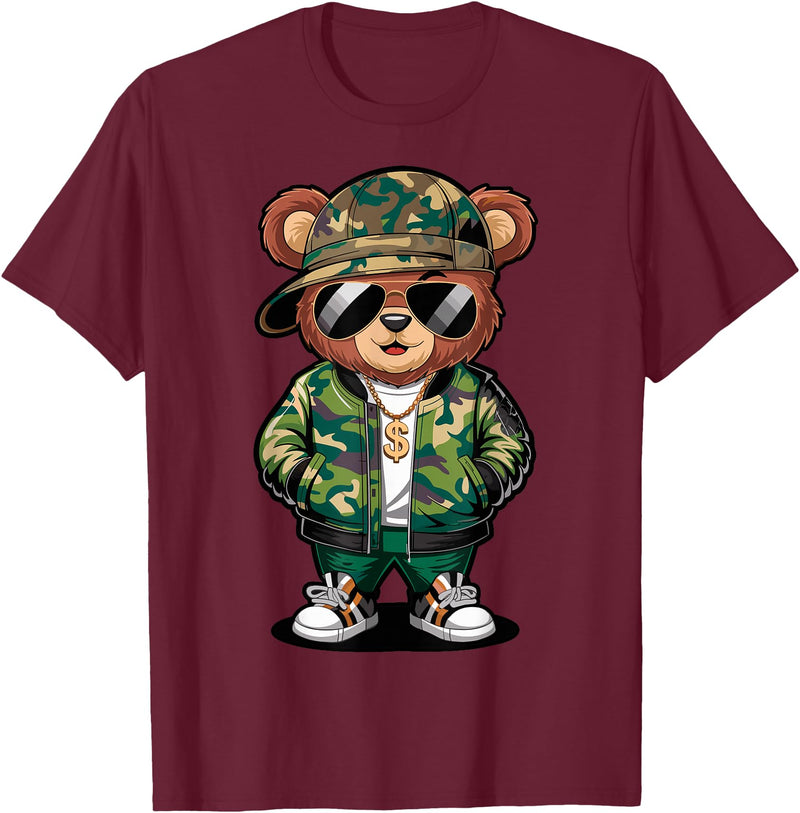 Magical and Funny Teddy Bear Gifts Hip Hop Teddy Bear Camouflage Rap Music T-Shirt - Burgundy