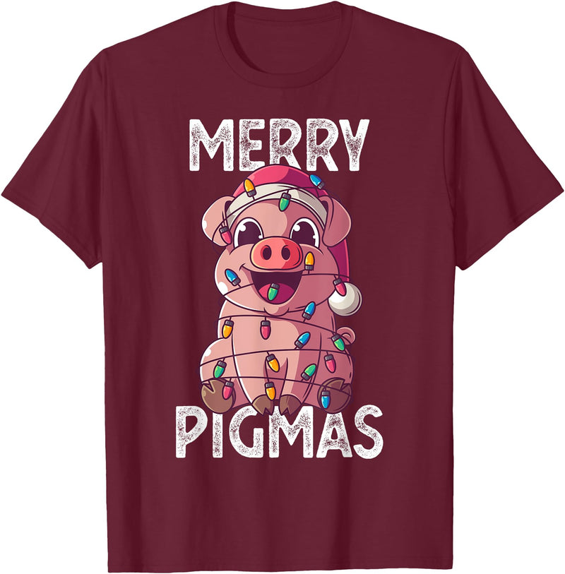 The Weird Shop Merry Pigmas Pig Christmas Santa Pig Xmas Lights Farmer Gift T-Shirt - Burgundy