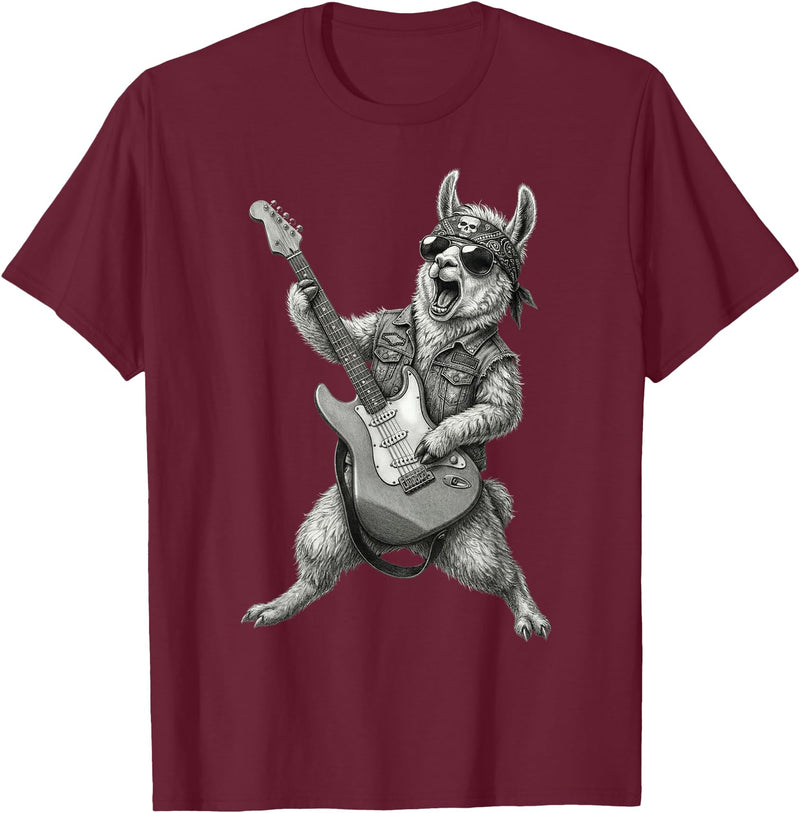 Rock Guitar Llama Stuff Accessories & Gifts Llama Playing Guitar Rock & Roll Llamas Alpaca Rocker Music T-Shirt - Burgundy