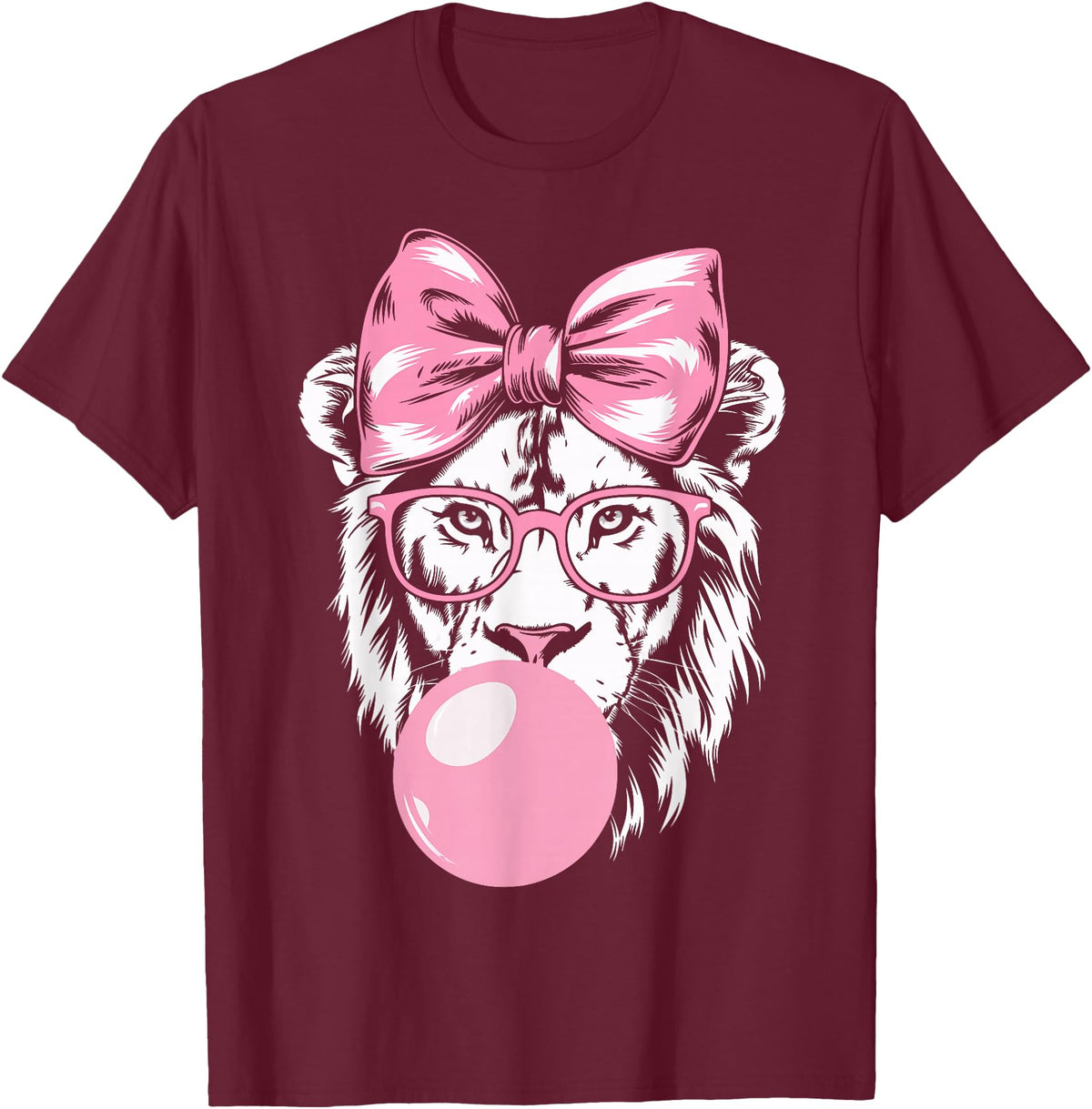 Lion Bubblegum Lion Wearing Glasses and Blowing Pink Bubble Gum T-Shirt - Burgundy