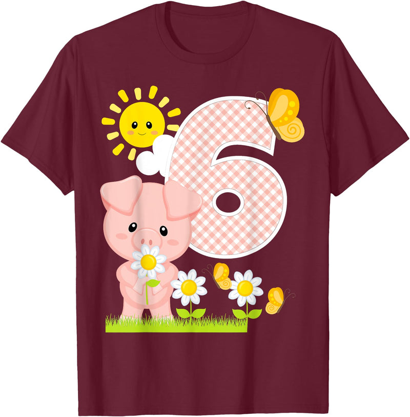Cute Piglets Pig Barn Farm Birthday Party Supplies Pig 6th Birthday Girl 6 Year Old Birthday Cute Piglet Bday T-Shirt - Burgundy