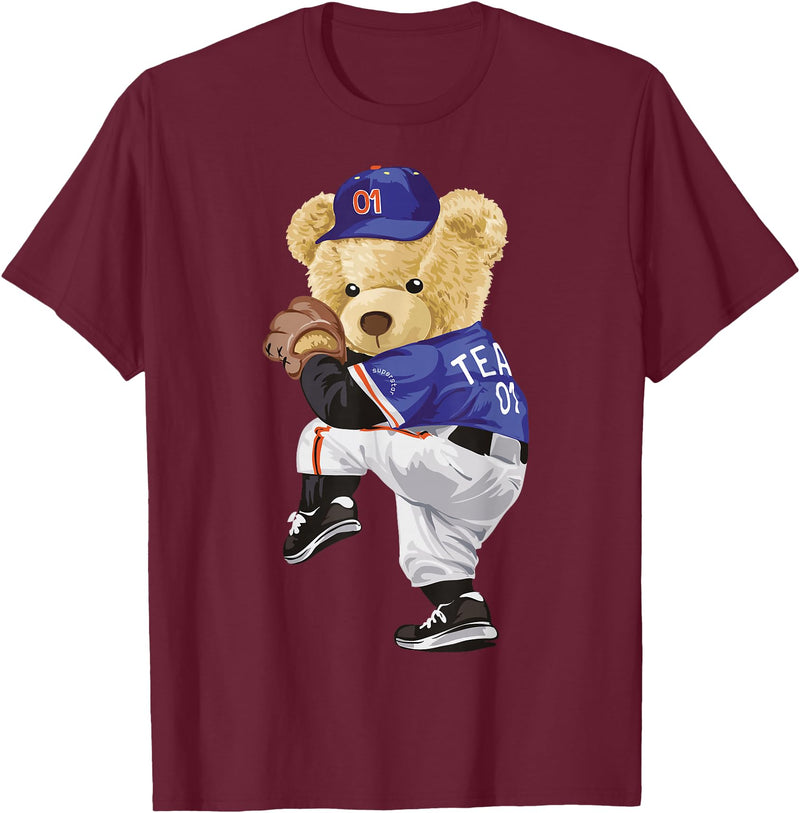 BERSLL Cute Teddy Bear Baseball Jug Sweatshirt T-Shirt - Burgundy