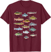 NABZR Angeln Geschenke & T-Shirts Types of Freshwater Fish Fishing T-Shirt - Burgundy