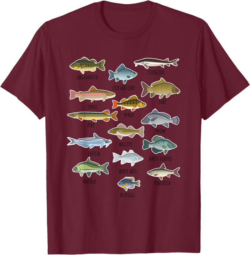 NABZR Angeln Geschenke & T-Shirts Types of Freshwater Fish Fishing T-Shirt - Burgundy