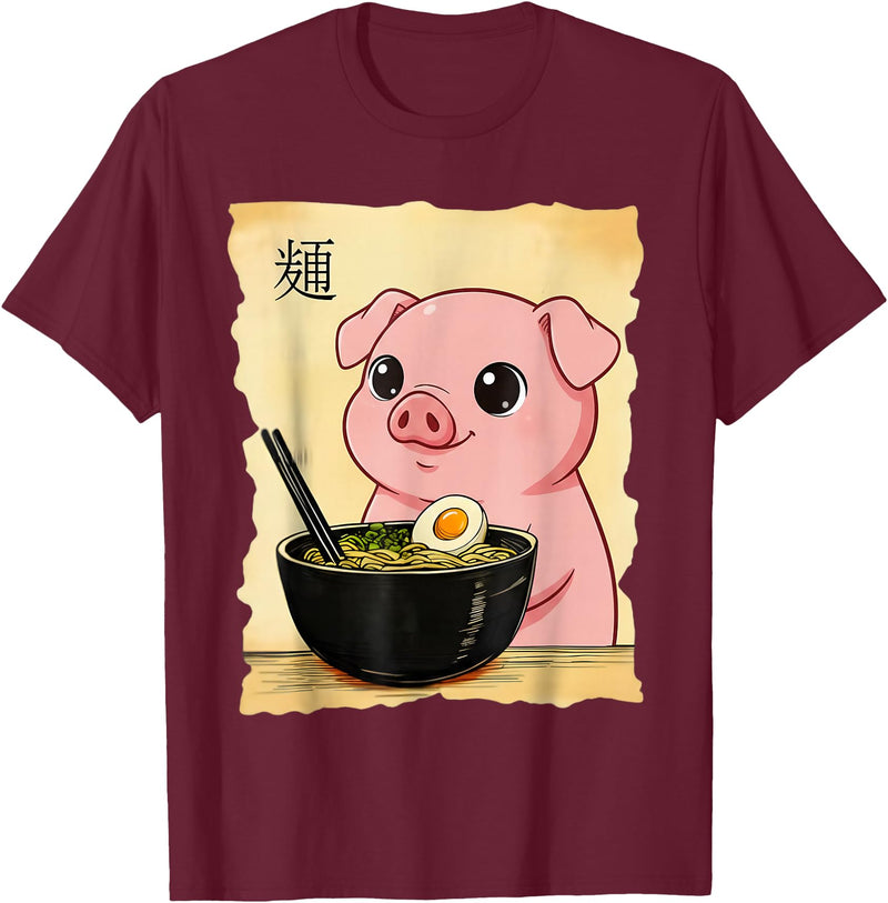 Funny Pig Anime Eating Ramen Pig Ramen Japanese Kawaii Anime Pig T-Shirt - Burgundy