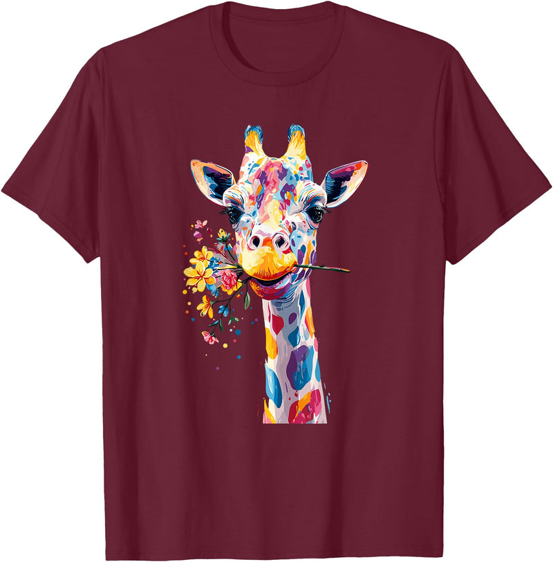 Colorful Floral Giraffe Rainbow Style Rainbow Giraffe with Flowers T-Shirt - Burgundy