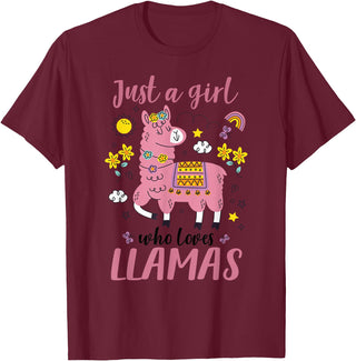 Llama Shirt Kids Girls Toddler Just A Girl Who Loves Llamas T-Shirt - Burgundy