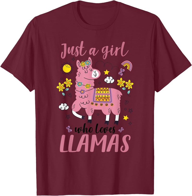 Llama Shirt Kids Girls Toddler Just A Girl Who Loves Llamas T-Shirt - Burgundy