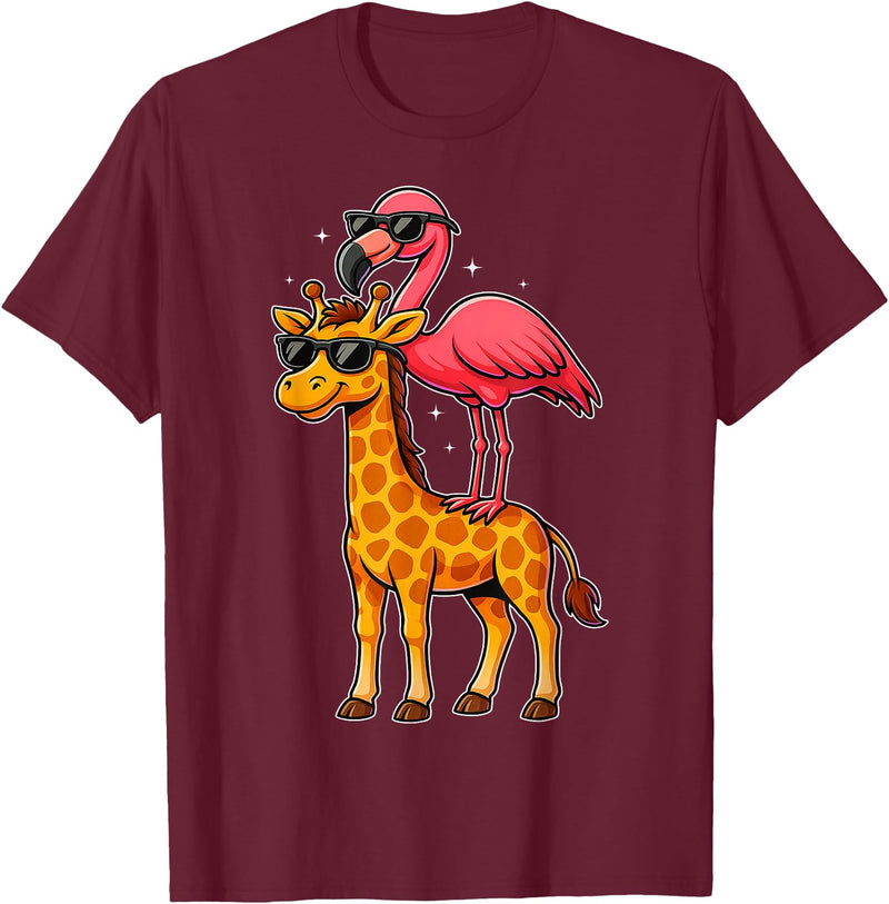Funny Flamingo Riding Giraffe Cute Animals Funny Flamingo and Giraffe Cool Animals Friends T-Shirt - Burgundy