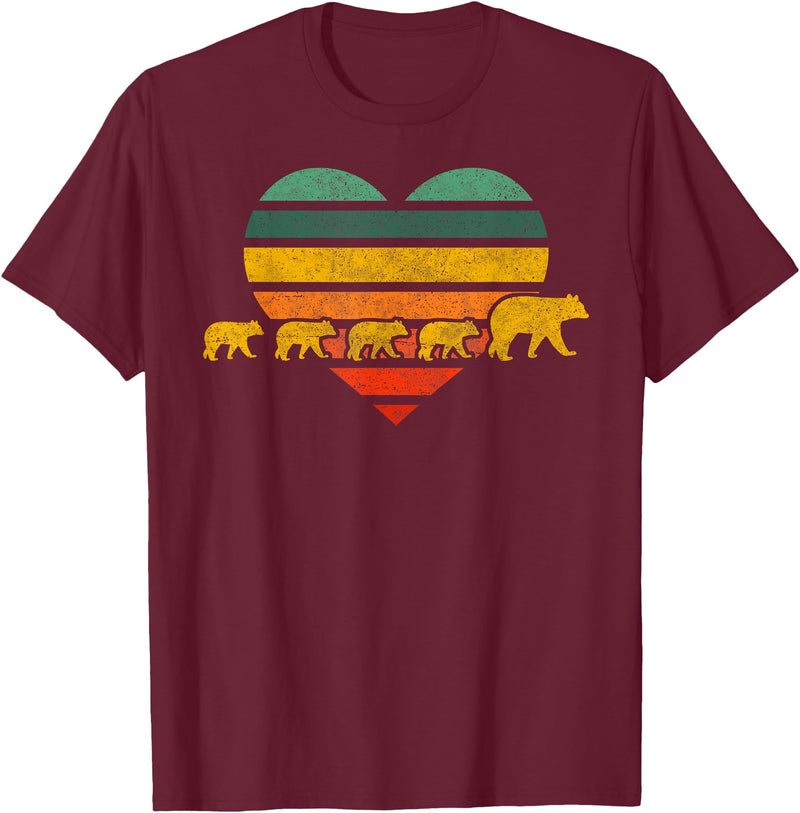 Just for Mom Mama Bear Four Cubs Shirt Retr Heart Mothers Day Gift T-Shirt - Burgundy