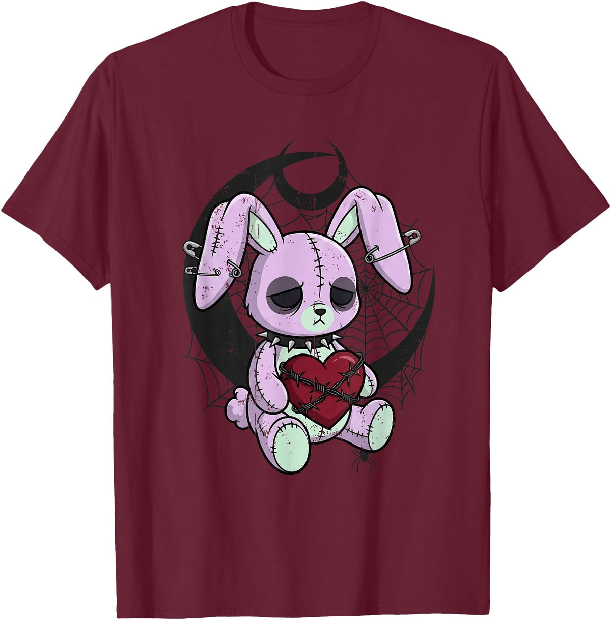 Creepy Cute Bunny Goth Heart Spiderweb Alt Pastel Rabbit T-Shirt in Burgundy