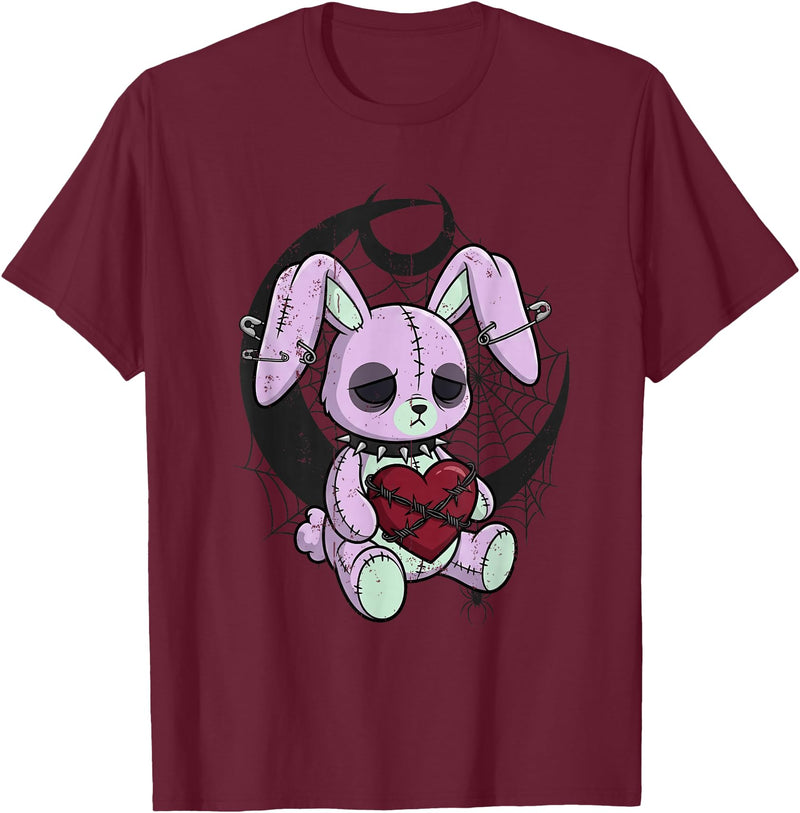 Creepy Cute Bunny Goth Heart Spiderweb Alt Pastel Rabbit T-Shirt in Burgundy