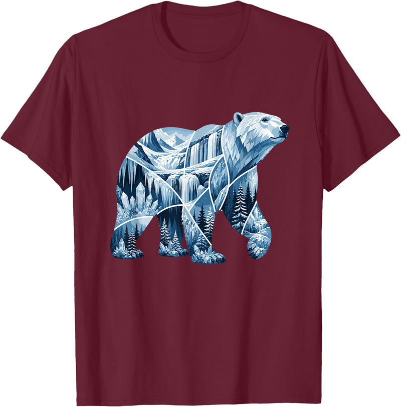 Arctic Polar Bear Mountain Waterfall Nature Arctic Polar Bear Forest Waterfall Landscape T-Shirt - Burgundy