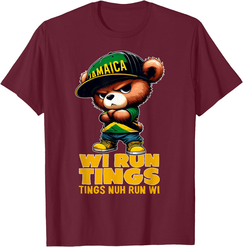 Jamaican Gifts for proud Jamaican Men, Women, Kids WI RUN TINGS Teddy Bear Jamaica Flag Shirt Jamaican Clothing T-Shirt - Burgundy