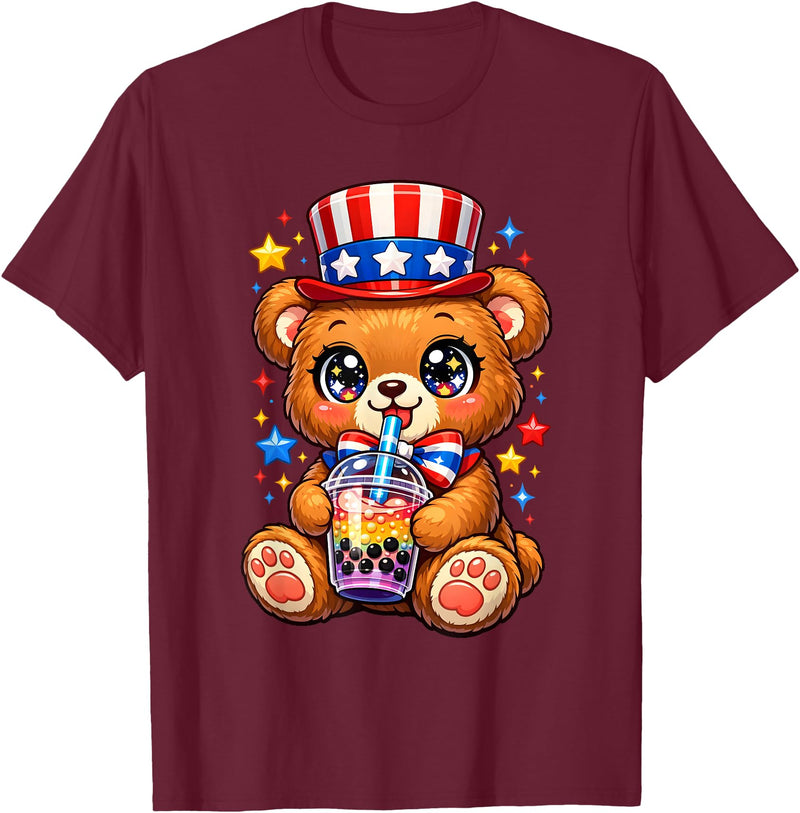 Kawaii Red White and Blue Fourth July Little Kids Cute Teddy Bear Patriotic 4th July Gift Bubble Boba Tea USA T-Shirt - Burgundy