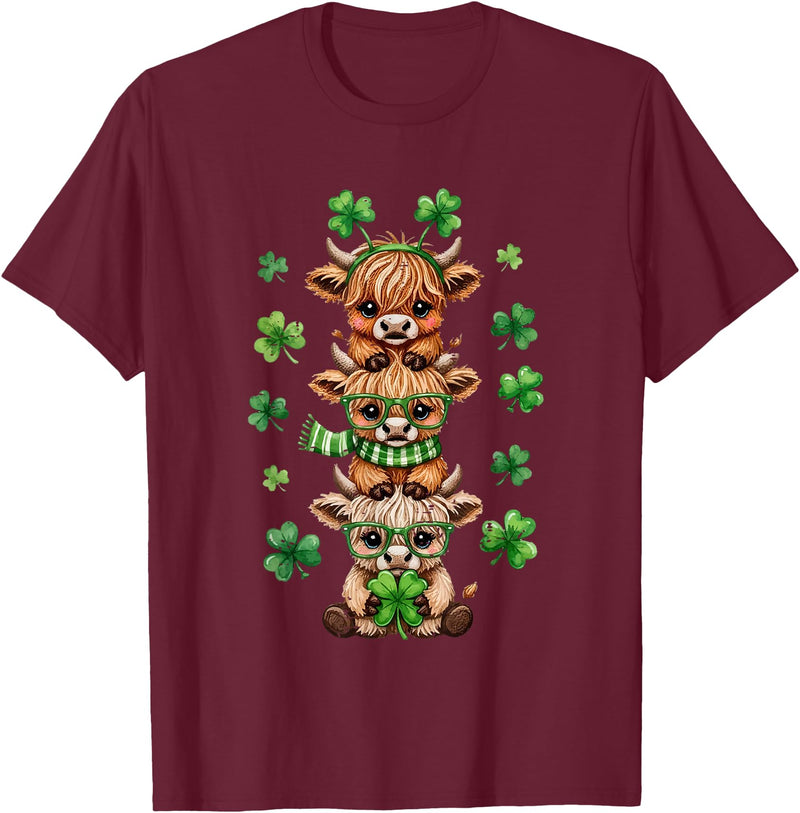 St Patricks Day Highland Cow Lucky Irish Shamrock Funny St Patrick's Day Highland Cow Lucky Shamrock Irish T-Shirt - Burgundy