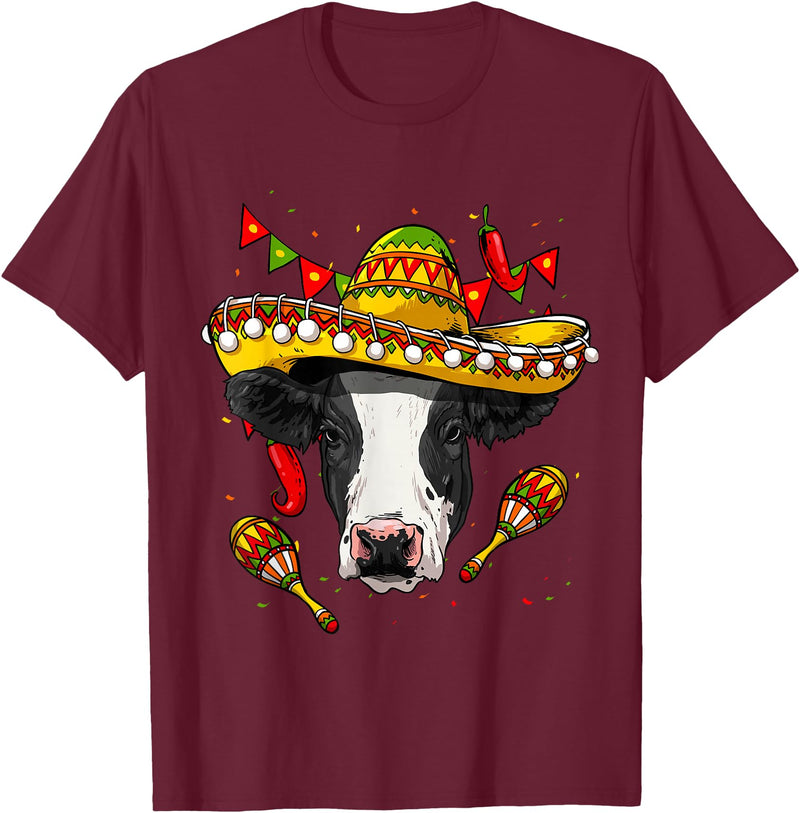 Wowsome! Cinco de Mayo Cow Mexican Lover Sombrero Cow T-Shirt - Burgundy