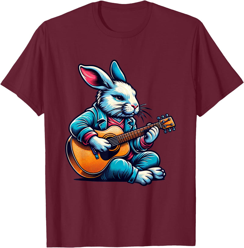 Cool Rabbit Plays Guitar Easter Musician Guitarist T-Shirt in Burgundy