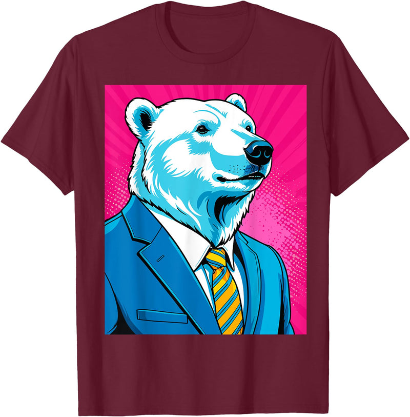 Pop Art Graphic Designs Co. Pop Art Polar Bear in Business Suit T-Shirt - Burgundy