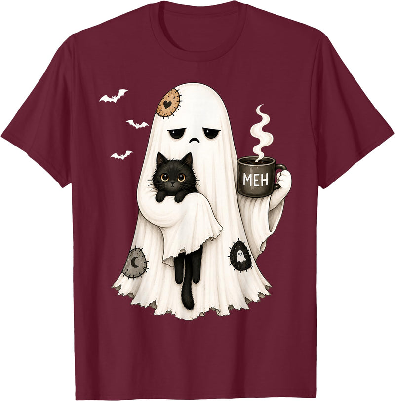 Halloween Cute Ghost Holding Black Cat Spooky Ghost Holding Black Cat Coffee Lover Funny Halloween T-Shirt - Burgundy