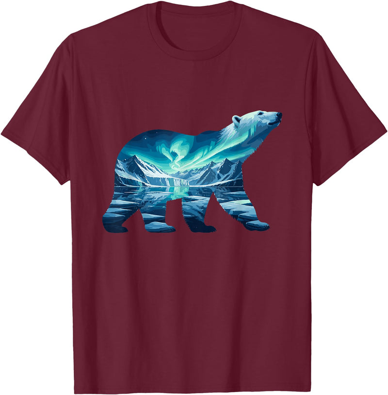 Arctic Wildlife Aurora Borealis Polar Bear Nature Northern Lights Polar Bear Arctic Landscape T-Shirt - Burgundy