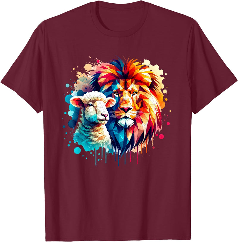 Christian Clothing Lion And Lamb Christian Art Lion And Lamb Geometric Christian Clothing T-Shirt - Burgundy