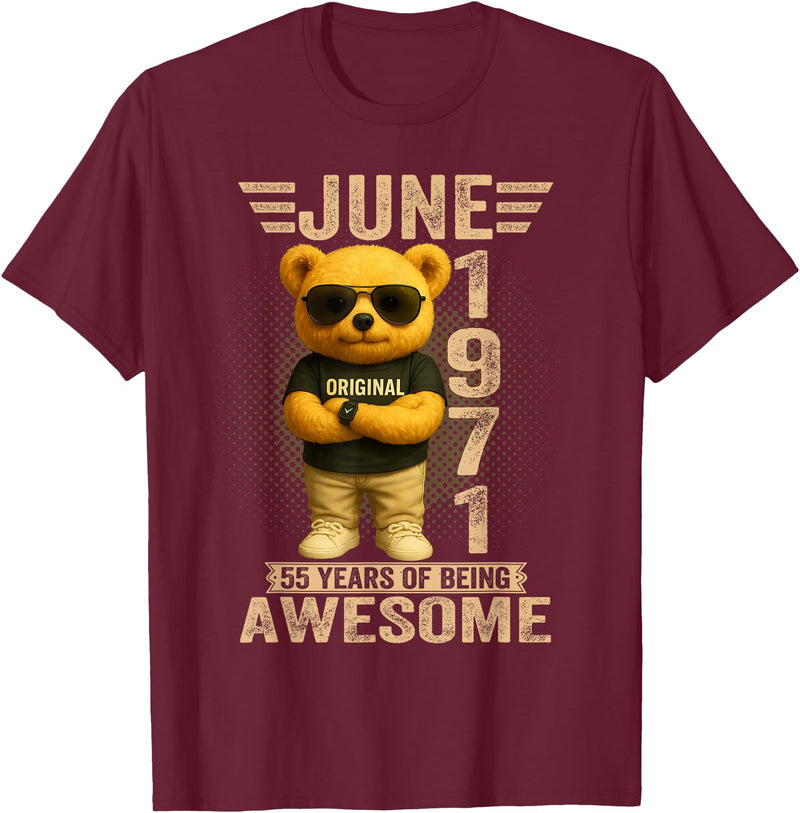 June 1971 55th Birthday Gifts for Men Women 55 Year Old June 1971 Teddy Bear 55th Birthday Men Women T-Shirt - Burgundy