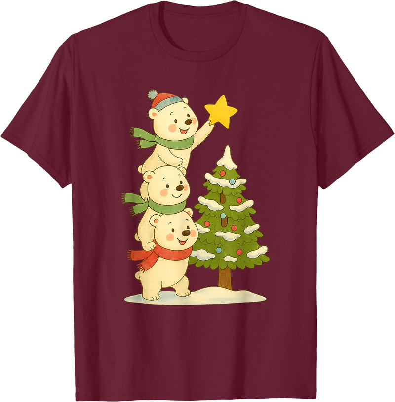 Cute Xmas Bear Cartoon for Kids and Family Cute Polar Bear Stacking Star on Tree Christmas T-Shirt - Burgundy