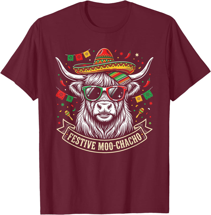 Cinco De Mayo Fiesta Moo Tees Vintage Highland Cow Cinco De Mayo Funny Retro Fiesta Design T-Shirt - Burgundy