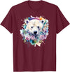 Colorful Polar Bear Kids Arctic Wildlife Painting Polar Bear Floral Watercolor Animal Cute Polar Bear Face T-Shirt - Burgundy