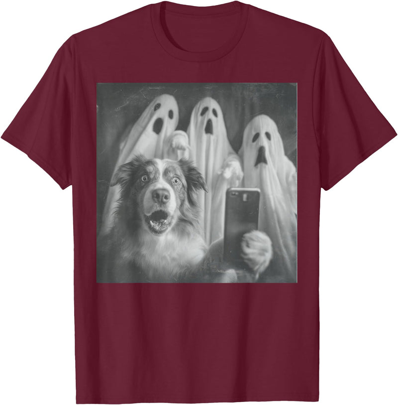 Spooky Aussie Moments Australian Shepherd Selfie Funny Ghost Halloween T-Shirt - Burgundy