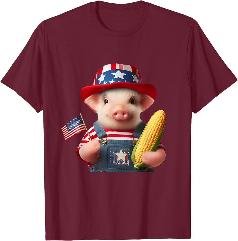 Pig Corn 4th of July Design 4th of July Pig American Us Flag Patriotic Corn 4th of July T-Shirt - Burgundy