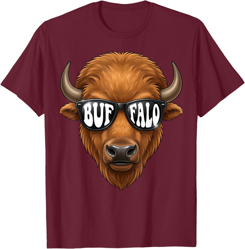 generic Buffalo with Sunglasses Wildlife Graphic for Men Women Kids T-Shirt - Burgundy