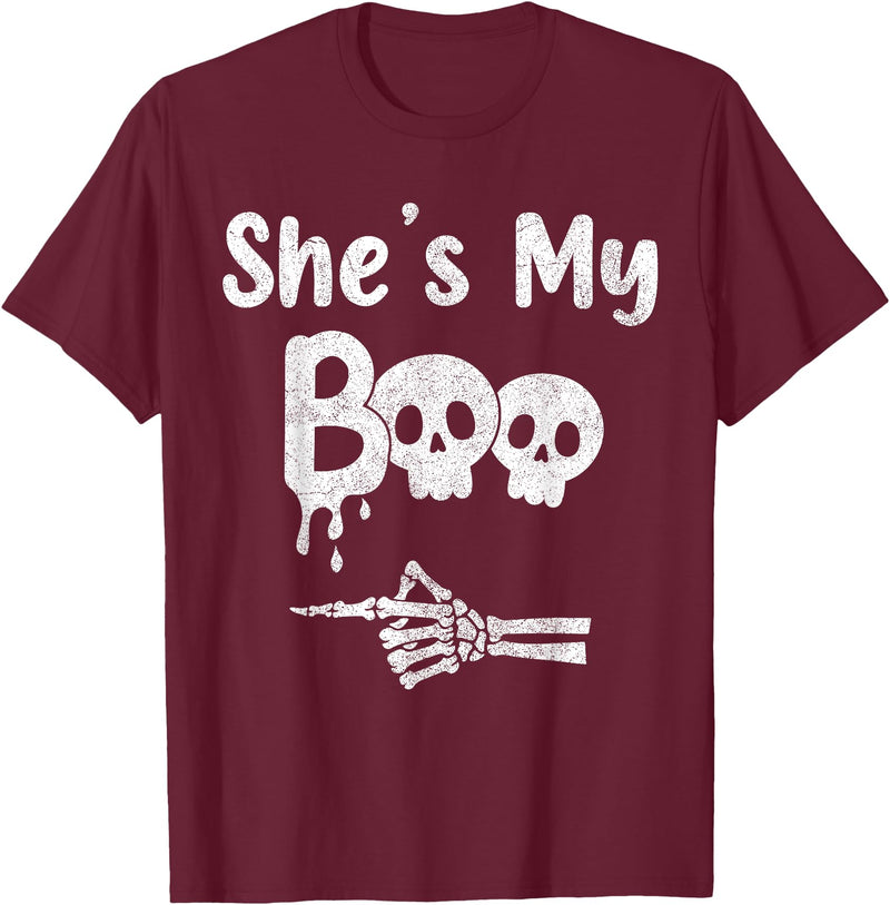 Couples Halloween Matching Gifts Matching Halloween Pajama Couples, She’s My Boo Skull Face T-Shirt - Burgundy