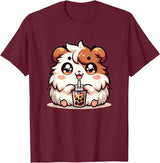 Cute Kawaii Animals Drinking Boba Tea Co. Cute Kawaii Chibi Guinea Pig Drinking Boba Tea T-Shirt - Burgundy