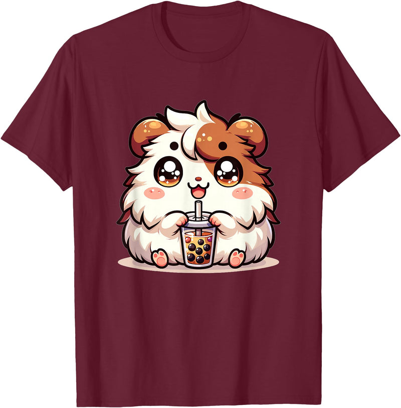 Cute Kawaii Animals Drinking Boba Tea Co. Cute Kawaii Chibi Guinea Pig Drinking Boba Tea T-Shirt - Burgundy