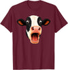 Funny Cow Face Screaming Silly Animal Graphic Animal Cows Funny Cow Face Screaming Silly Animal Shocked T-Shirt - Burgundy