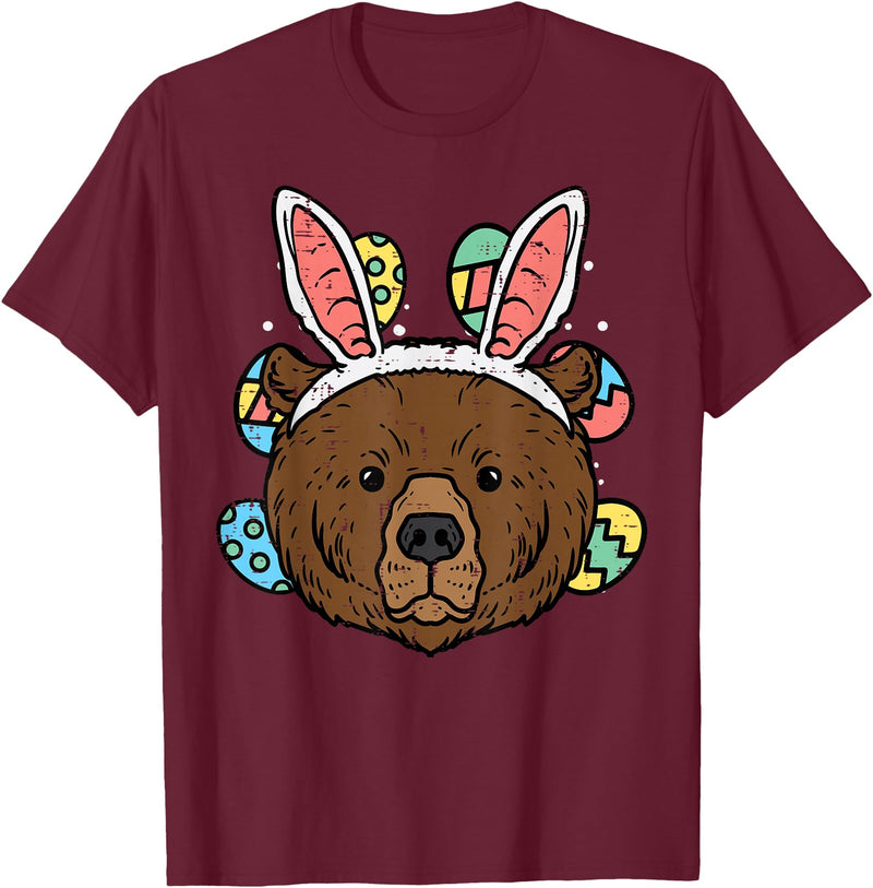 Easter Shirts Women Men Kids Children Easter Gift Easter Bear Face Bunny Ears Eggs Cute Animal Men Women Kids T-Shirt - Burgundy