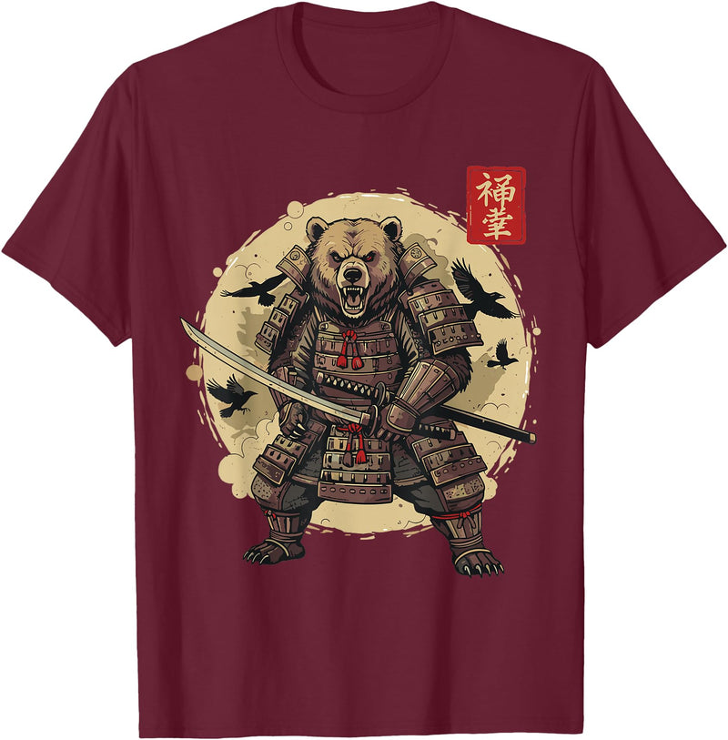Anime Shirts For Men Women Kids Gifts Samurai Bear Shirt Warrior Vintage Graphic Japanese Men T-Shirt - Burgundy