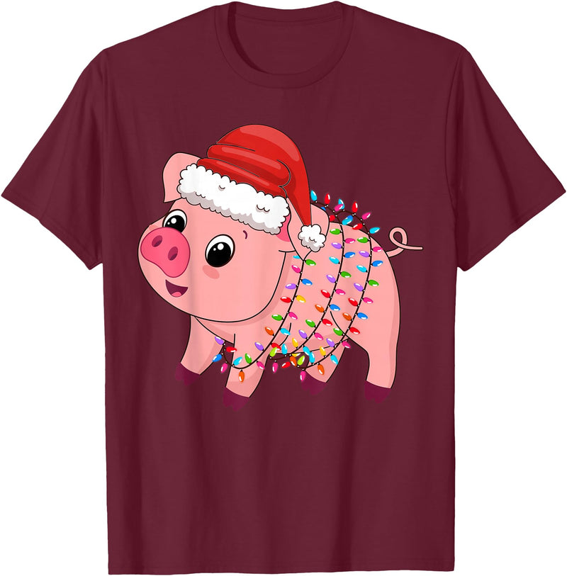 Pig Christmas Gifts Men Women Kids Co. Christmas Lights Pig Wearing Xmas Hat - Pig Lover Farmer T-Shirt - Burgundy