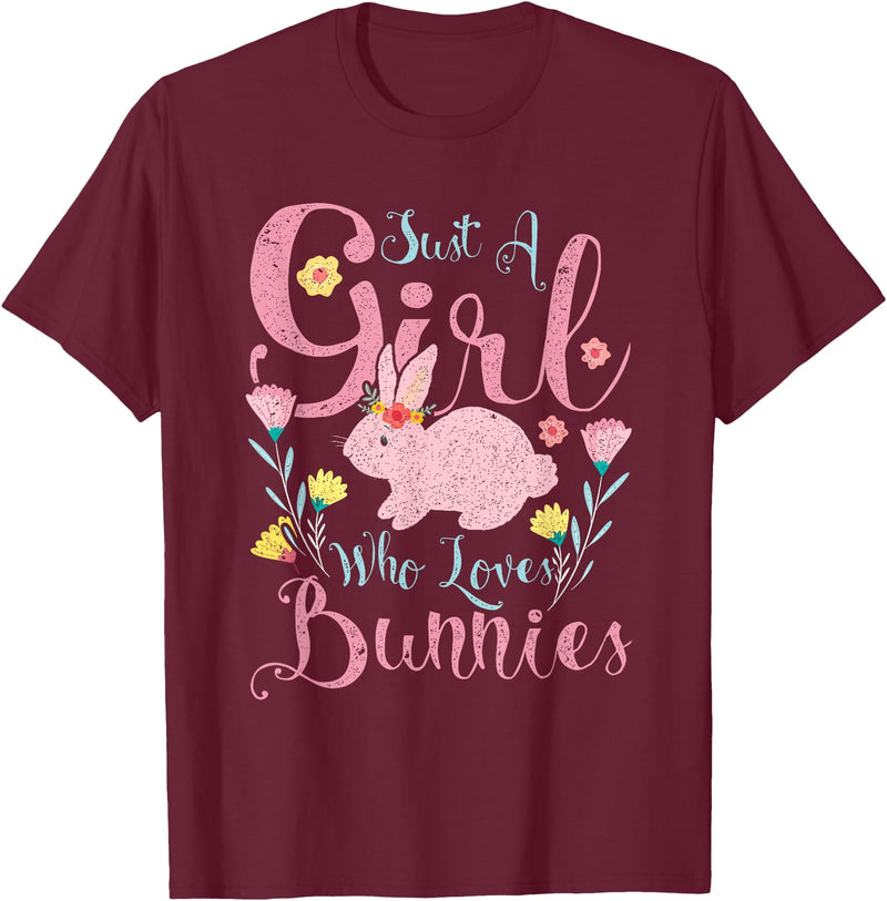 Just a Girl Who Loves Bunnies Rabbit T-Shirt (Black) in Burgundy