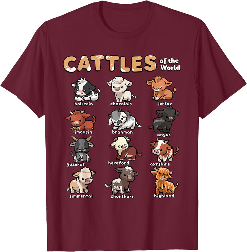 Wowsome! Cattles Animals of the World Cattle Farmer Rancher Cow Lover T-Shirt - Burgundy