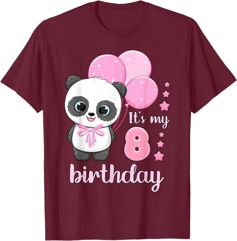 Birthday Gifts for Girls by Content Design Studio Birthday Girl 8 Panda Pink Balloons T-Shirt - Burgundy