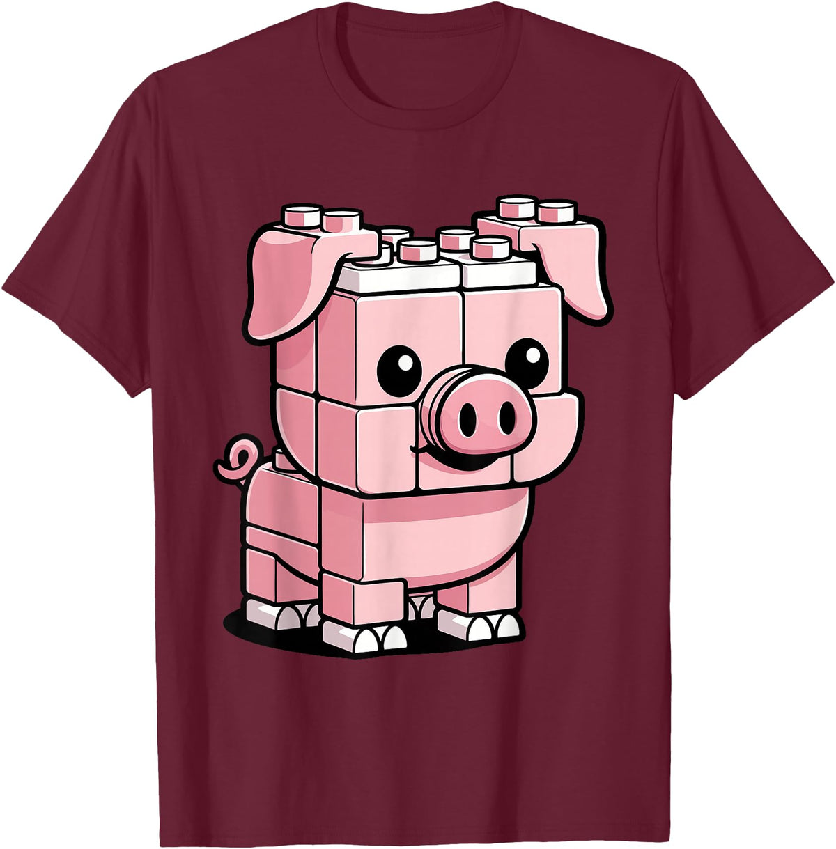BlockPals DM Funny Pink Brick Pig Building Blocks Farm Animal Character T-Shirt - Burgundy