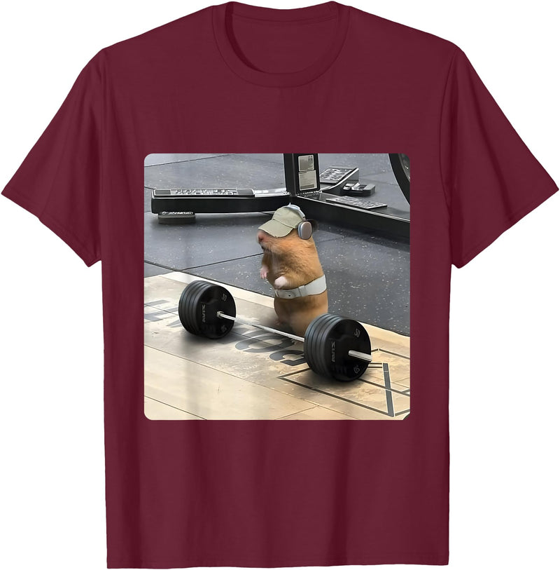 Hamster Deadlift Training Funny Cute Rat Weightlifting Meme T-Shirt - Burgundy