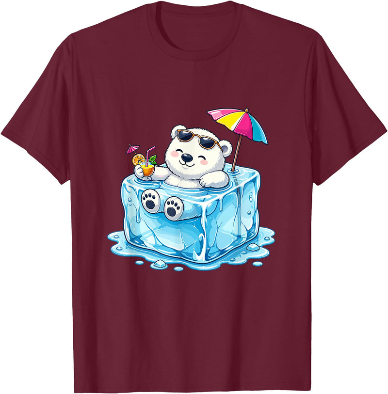 Cool Polar Bear Summer Ice Cube Relax Chill Polar Bear On Ice Cube Summer Vacation T-Shirt - Burgundy