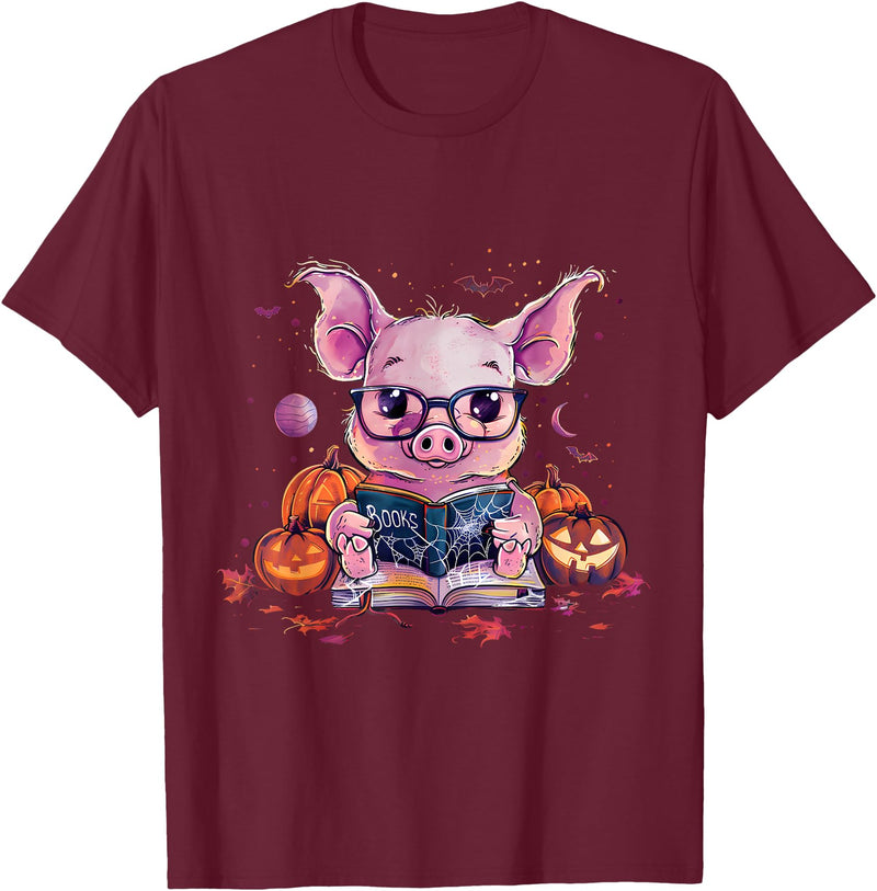 Funny Halloween Costume Party Art Pig Halloween Costume Pumpkin Witchcraft Book Reading T-Shirt - Burgundy