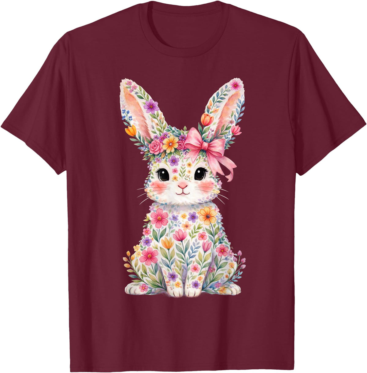 Cute Pink Flower Bunny Rabbit Happy Easter Women Girls T-Shirt in Burgundy