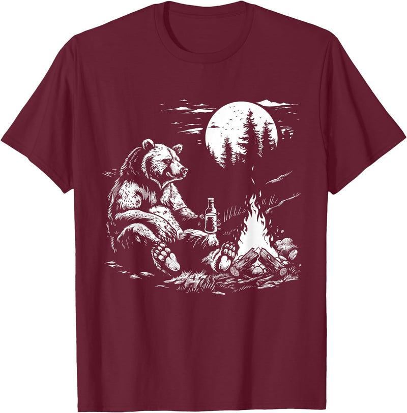 Camping Grizzly Bear Camping Bear Drinking Beer Hiking Nature Funny Grizzly Bear T-Shirt - Burgundy